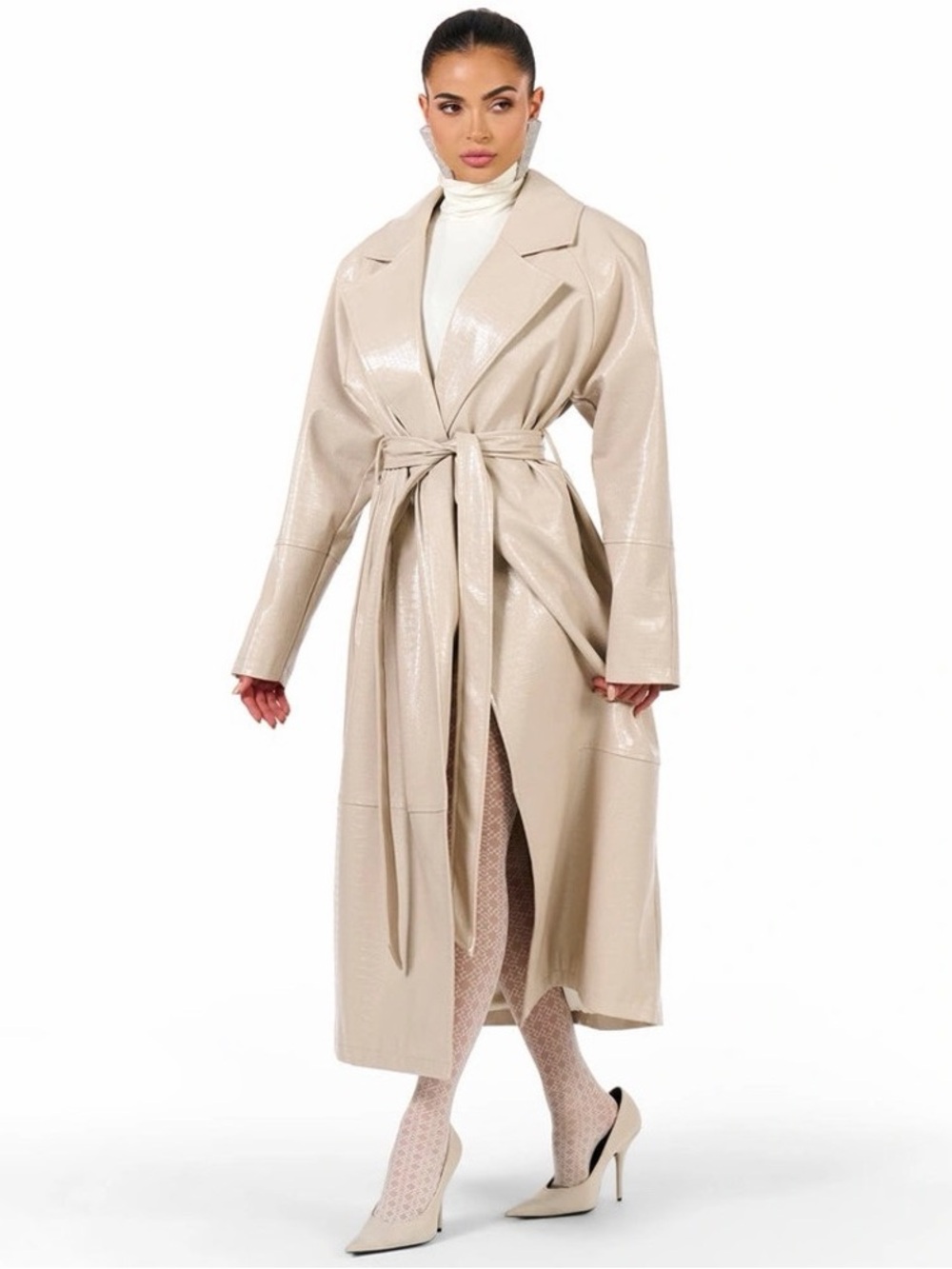 naked wardrobe Croc Cocoon Vegan Leather Trench Coat Cream Sz XS MSRP $240 NWT